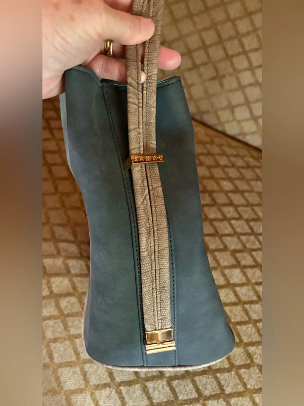Samoe Convertible Strap Bucket Hobo Small Bag in Slate Blue Premium Faux Leather